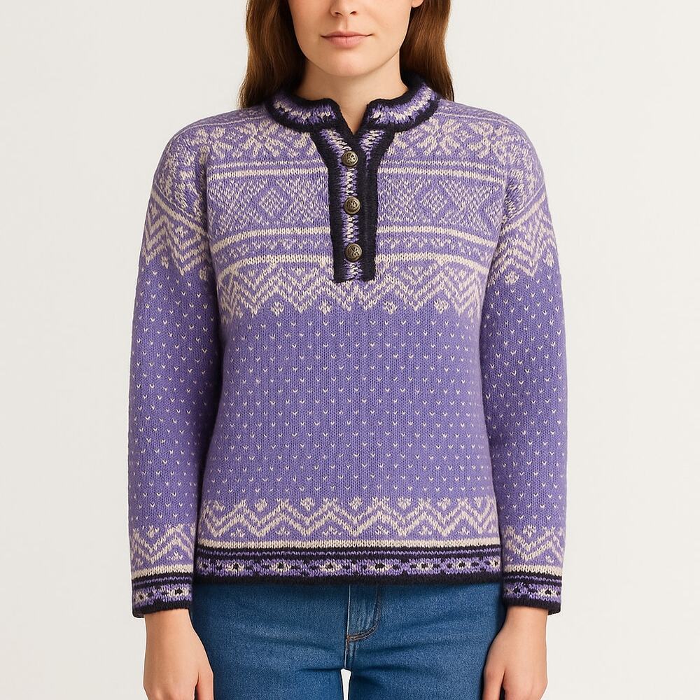 L.L.Bean Fair Isle Nordic Cotton Henley Sweater Purple 90s Vintage Women's Small